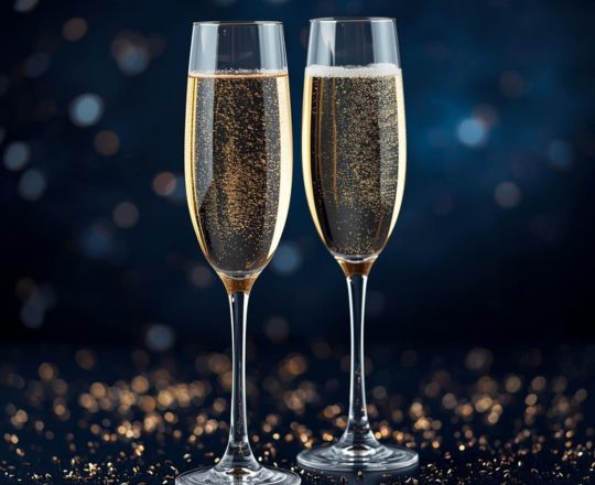 champagne flutes with gold and green lights