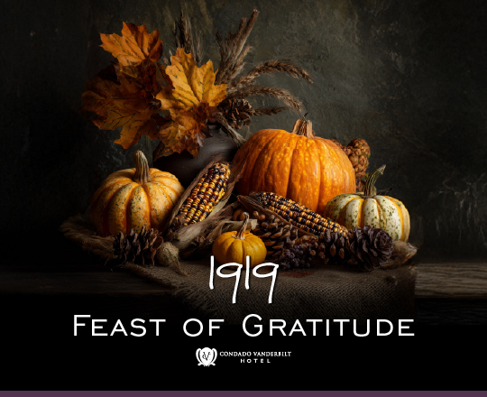 pumpkins in gray background that reads 1919 thanksgiving feast