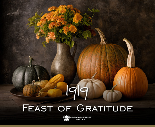 pumpkins in gray background that reads 1919 thanksgiving feast