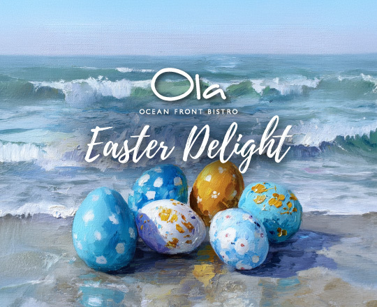 Children hugging at the beach. Image reads Ola family Easter