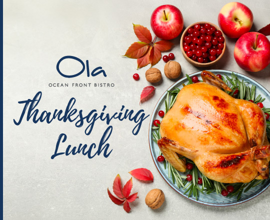 Turkey dinner plate on a table which reads Ola A Day of Thanks