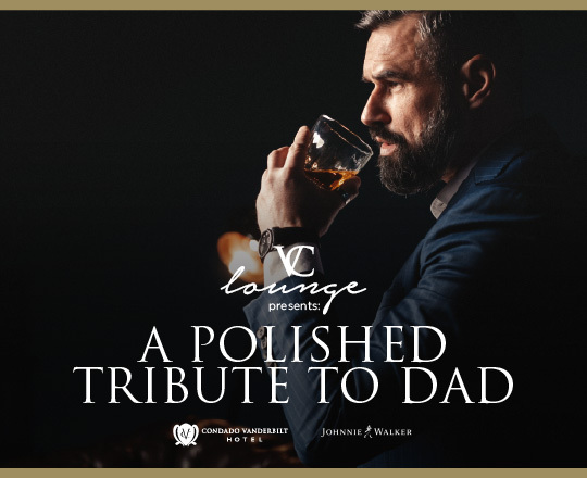 image of man drinking from whiskey glass for promo that reads VC Lounge A Polished Tribute to Dad