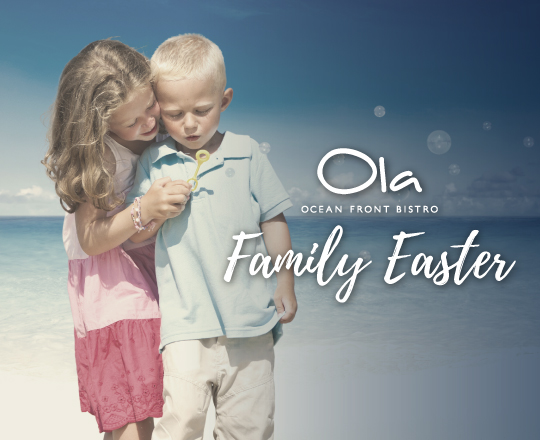 Children hugging at the beach. Image reads Ola family Easter
