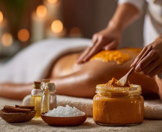 person receiving spa treatment with pumpkin
