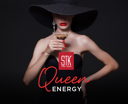 promo that reads Queen Energy with woman with drink and big hat